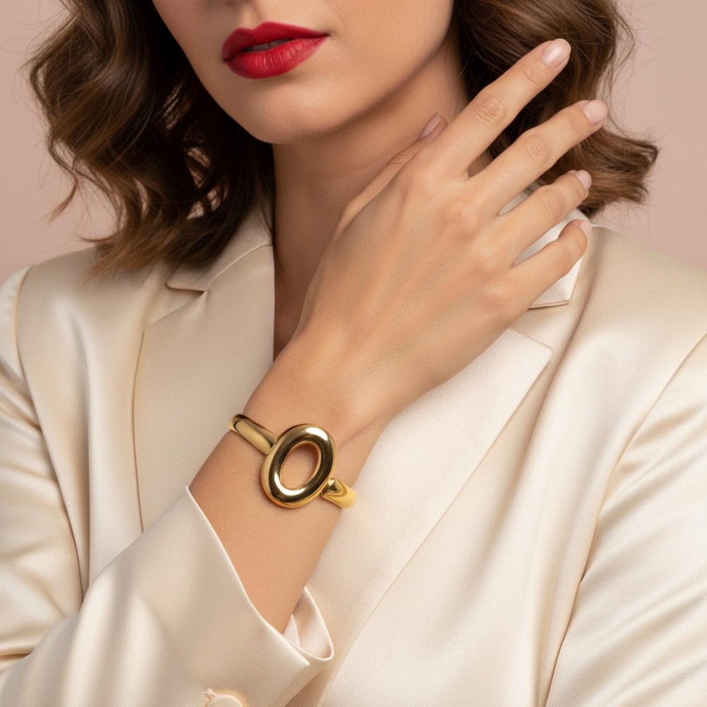 Handmade Oval Bangle Cuff – Modern Geometric Gold Statement Bracelet